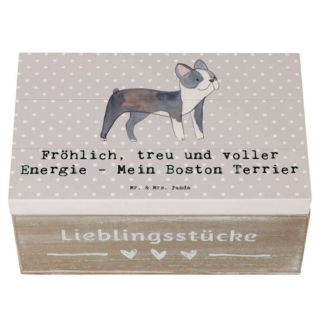 Wooden chest Fröhlich, treu und voller Energie - Mein Boston Terrier Holzkiste, Geschenkdose, Schatulle, Dekokiste, Erinnerungsbox, XXL, Aufbewahrungsbox, Erinnerungskiste, Schatzkiste, Geschenkbox, Truhe, Kiste, Hund, Hunderasse, Rassehund, Hundebesitzer, Geschenk, Tierfreund, Schenken, Welpe