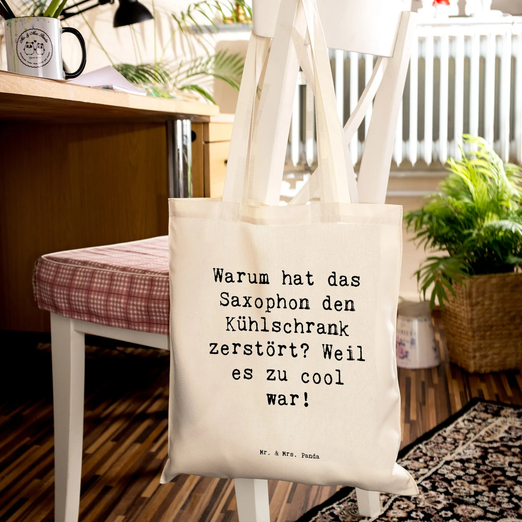 Tote bag Saying Warum hat das Saxophon den Kühlschrank zerstört? Weil es zu cool war! Tragetasche, Einkaufstasche, Umhängetasche, Stoffbeutel, Badetasche, Jutetasche, Strandtasche, Schultertasche, Beuteltasche, Beutel, Shopper, Tasche, Jutebeutel, Stofftasche, Laptoptasche, Einkaufstüte, Instrumente, Geschenke Musiker, Musikliebhaber
