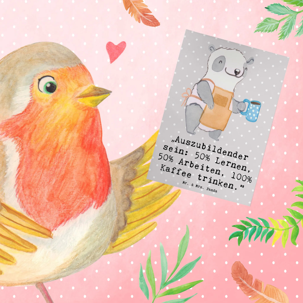 Greetings card „Auszubildender sein: 50% Lernen, 50% Arbeiten, 100% Kaffee trinken.“ Einladungskarte, Geburtstagskarte, Glückwunschkarte, Ansichtskarten, Karte, Klappkarte, Hochzeitskarte, Grußkarte, Beruf, Ausbildung, Jubiläum, Abschied, Rente, Kollege, Kollegin, Geschenk, Schenken, Arbeitskollege, Mitarbeiter, Firma, Danke, Dankeschön