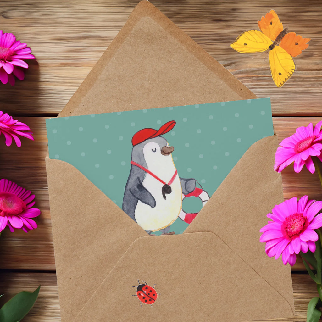 Deluxe Card Hinter jedem entspannten Schwimmer steht ein wachsamer Bademeister. Einladungskarte, Klappkarte, Geburtstagskarte, Hochzeitskarte, Hochwertige Klappkarte, Karte, Hochwertige Grußkarte, Glückwunschkarte, Grußkarte, Beruf, Ausbildung, Jubiläum, Abschied, Rente, Kollege, Kollegin, Geschenk, Schenken, Arbeitskollege, Mitarbeiter, Firma, Danke, Dankeschön