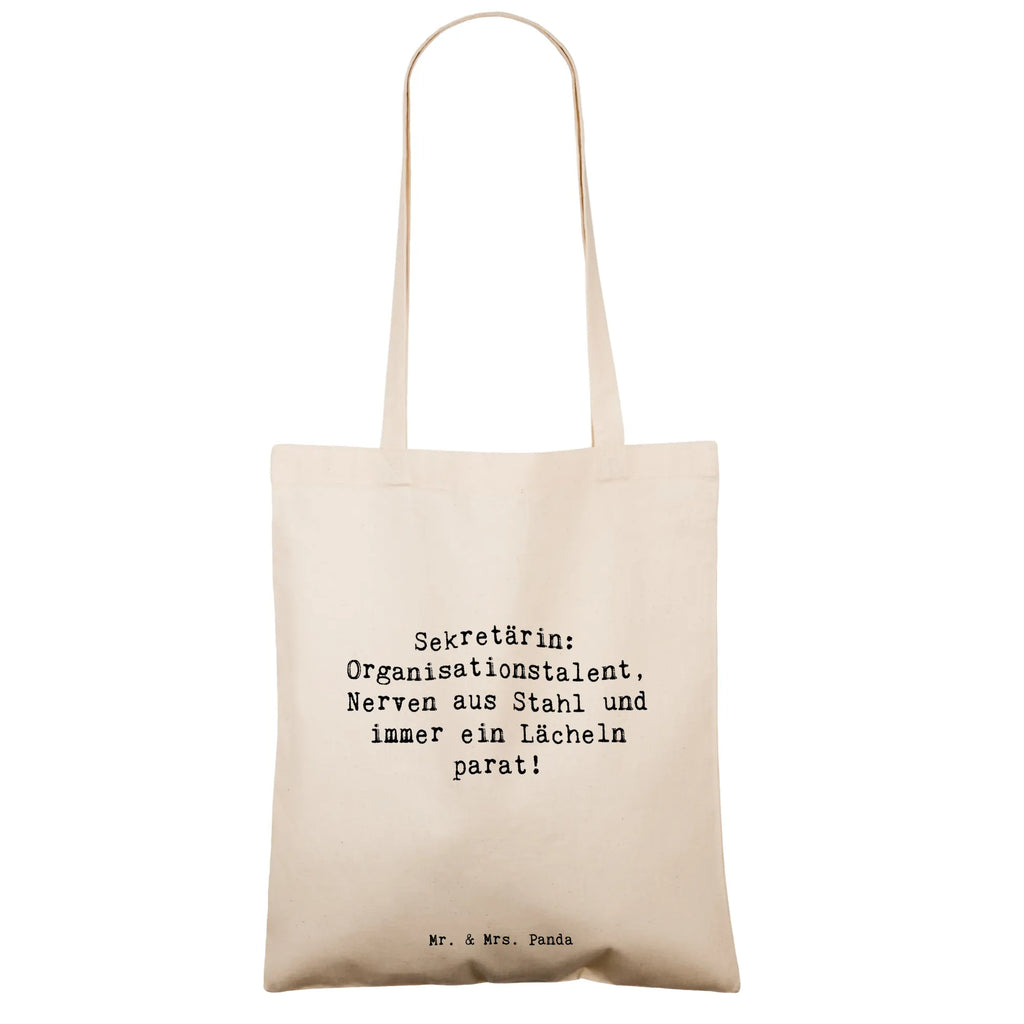 Tote bag Saying Sekretärin: Organisationstalent, Nerven aus Stahl und immer ein Lächeln parat! Einkaufstüte, Umhängetasche, Badetasche, Shopper, Einkaufstasche, Tragetasche, Jutetasche, Stoffbeutel, Stofftasche, Schultertasche, Laptoptasche, Beutel, Beuteltasche, Jutebeutel, Tasche, Strandtasche, Beruf, Ausbildung, Jubiläum, Abschied, Rente, Kollege, Kollegin, Geschenk, Schenken, Arbeitskollege, Mitarbeiter, Firma, Danke, Dankeschön