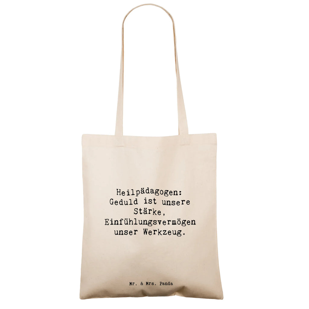 Tote bag Saying Heilpädagogen: Geduld ist unsere Stärke, Einfühlungsvermögen unser Werkzeug. Einkaufstasche, Jutetasche, Shopper, Beutel, Schultertasche, Laptoptasche, Stoffbeutel, Tasche, Beuteltasche, Einkaufstüte, Badetasche, Jutebeutel, Tragetasche, Stofftasche, Strandtasche, Umhängetasche, Beruf, Ausbildung, Jubiläum, Abschied, Rente, Kollege, Kollegin, Geschenk, Schenken, Arbeitskollege, Mitarbeiter, Firma, Danke, Dankeschön