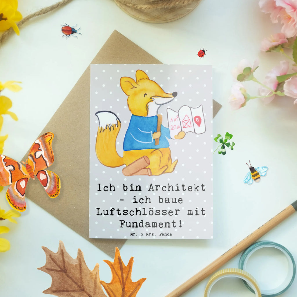 Greetings card Ich bin Architekt - ich baue Luftschlösser mit Fundament! Glückwunschkarte, Einladungskarte, Hochzeitskarte, Karte, Ansichtskarten, Geburtstagskarte, Grußkarte, Klappkarte, Beruf, Ausbildung, Jubiläum, Abschied, Rente, Kollege, Kollegin, Geschenk, Schenken, Arbeitskollege, Mitarbeiter, Firma, Danke, Dankeschön