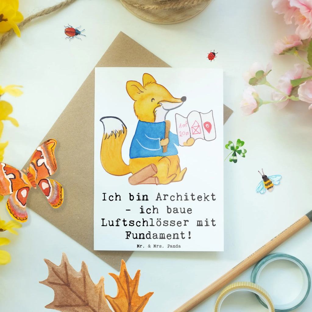 Greetings card Ich bin Architekt - ich baue Luftschlösser mit Fundament! Glückwunschkarte, Einladungskarte, Hochzeitskarte, Karte, Ansichtskarten, Geburtstagskarte, Grußkarte, Klappkarte, Beruf, Ausbildung, Jubiläum, Abschied, Rente, Kollege, Kollegin, Geschenk, Schenken, Arbeitskollege, Mitarbeiter, Firma, Danke, Dankeschön