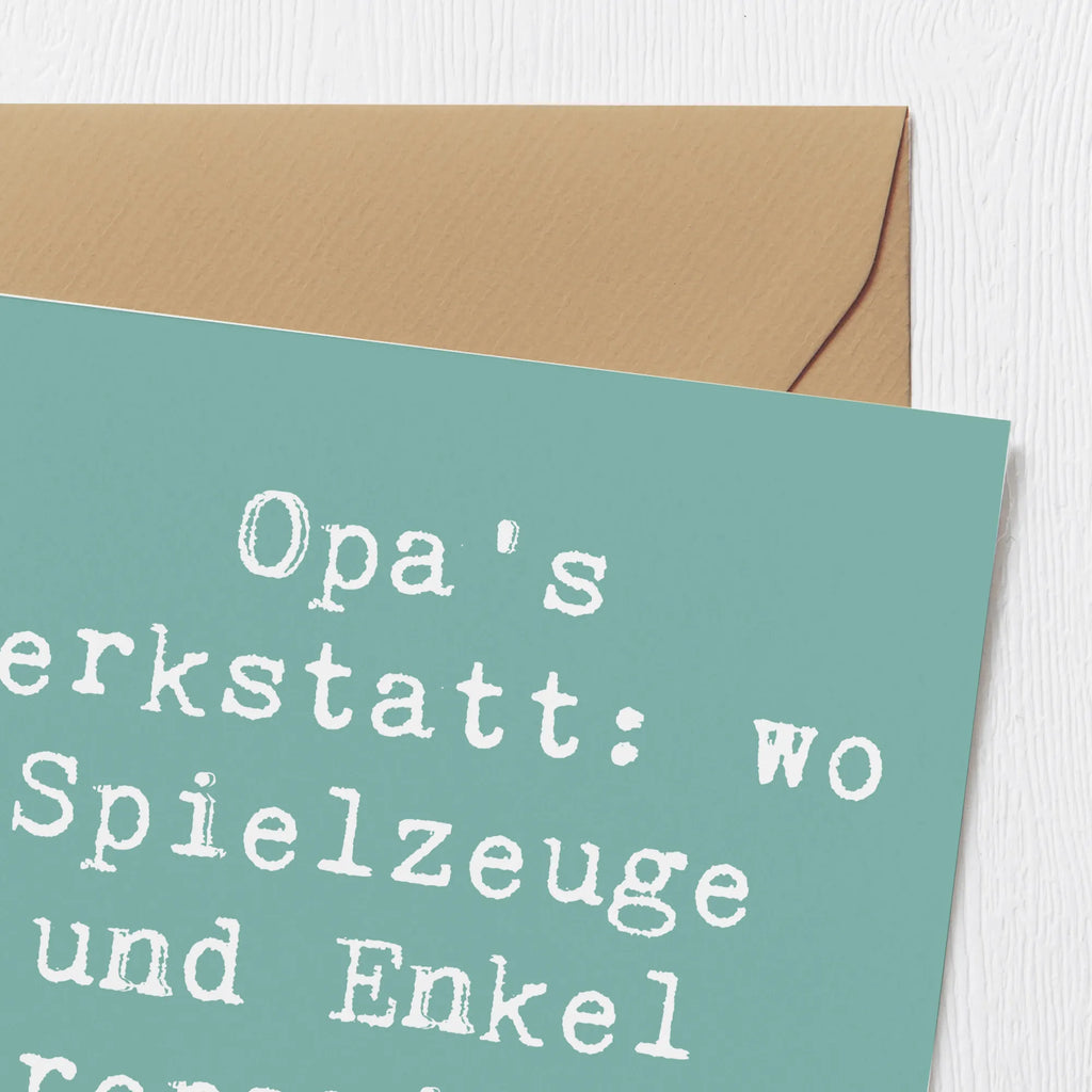 Deluxe Card Saying Opa's Werkstatt: wo Spielzeuge und Enkel repariert werden! Grußkarte, Glückwunschkarte, doppelkarte, Klappkarte, faltkarte, Muttertag, Vatertag, Mama, Papa, Oma, Opa, Familie, Schwester, Bruder