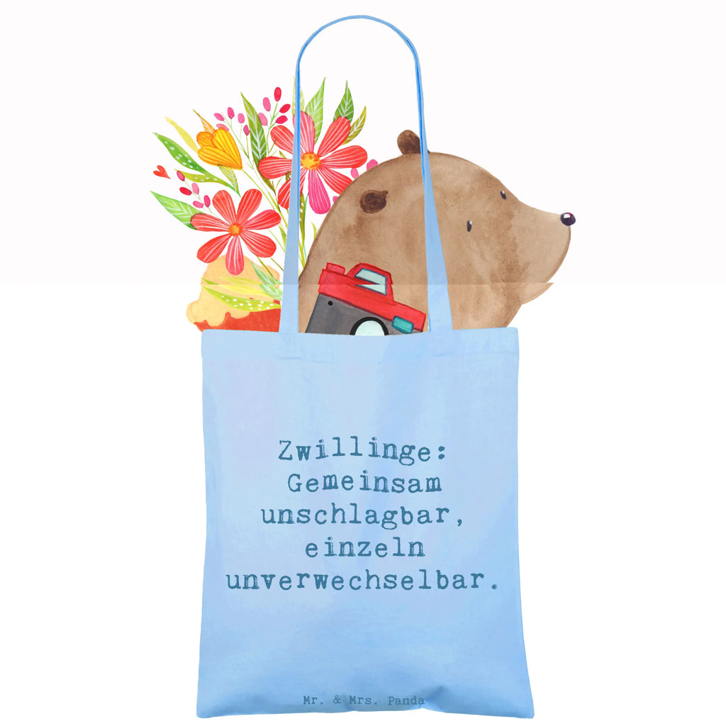 Tote bag Saying Zwillinge: Gemeinsam unschlagbar, einzeln unverwechselbar. Beuteltasche, Beutel, Einkaufstasche, Jutebeutel, Stoffbeutel, Tasche, Shopper, Umhängetasche, Strandtasche, Schultertasche, Stofftasche, Tragetasche, Badetasche, Jutetasche, Einkaufstüte, Laptoptasche, Familie, Vatertag, Muttertag, Bruder, Schwester, Mama, Papa, Oma, Opa