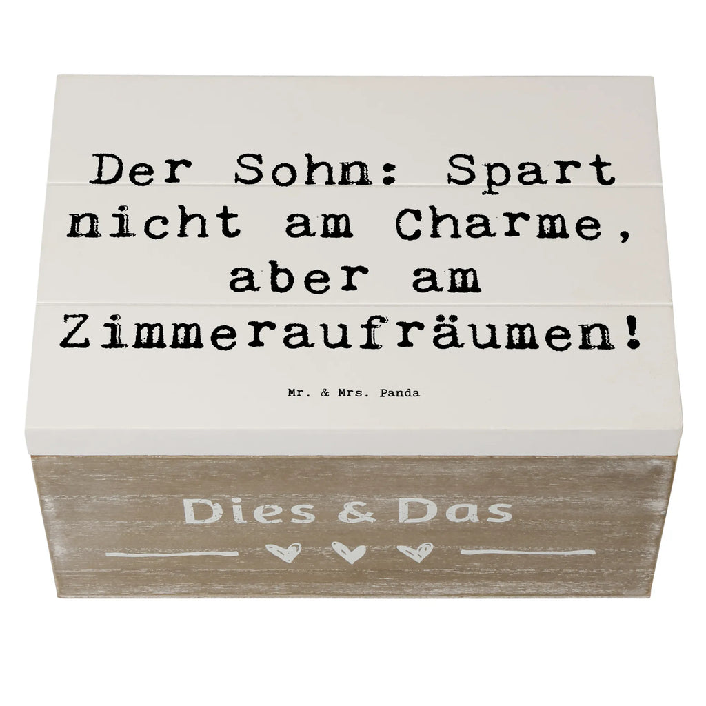 Wooden chest Saying Der Sohn: Spart nicht am Charme, aber am Zimmeraufräumen! Kiste, Erinnerungsbox, Schatzkiste, Geschenkdose, Dekokiste, XXL, Aufbewahrungsbox, Schatulle, Geschenkbox, Holzkiste, Erinnerungskiste, Truhe, Familie, Vatertag, Muttertag, Bruder, Schwester, Mama, Papa, Oma, Opa