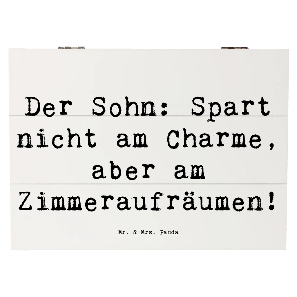 Wooden chest Saying Der Sohn: Spart nicht am Charme, aber am Zimmeraufräumen! Kiste, Erinnerungsbox, Schatzkiste, Geschenkdose, Dekokiste, XXL, Aufbewahrungsbox, Schatulle, Geschenkbox, Holzkiste, Erinnerungskiste, Truhe, Familie, Vatertag, Muttertag, Bruder, Schwester, Mama, Papa, Oma, Opa