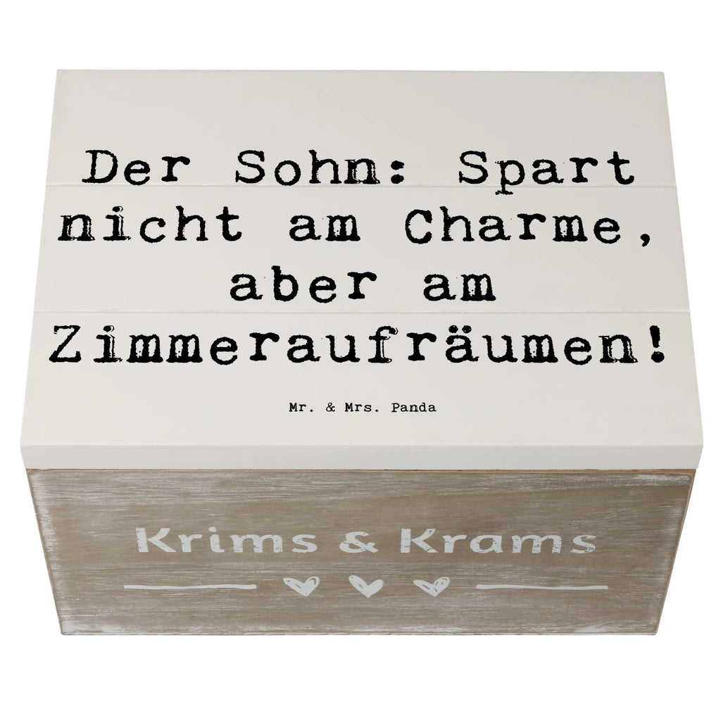 Wooden chest Saying Der Sohn: Spart nicht am Charme, aber am Zimmeraufräumen! Kiste, Erinnerungsbox, Schatzkiste, Geschenkdose, Dekokiste, XXL, Aufbewahrungsbox, Schatulle, Geschenkbox, Holzkiste, Erinnerungskiste, Truhe, Familie, Vatertag, Muttertag, Bruder, Schwester, Mama, Papa, Oma, Opa