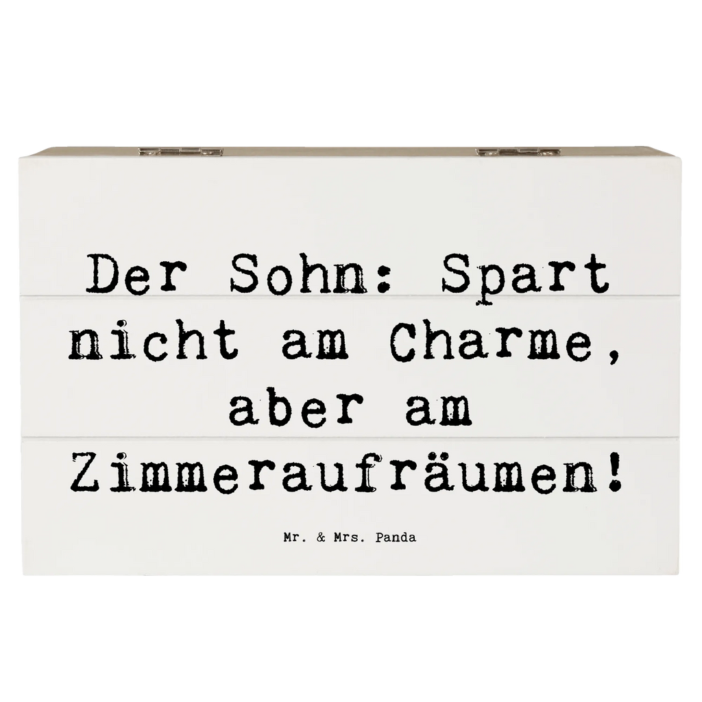 Wooden chest Saying Der Sohn: Spart nicht am Charme, aber am Zimmeraufräumen! Kiste, Erinnerungsbox, Schatzkiste, Geschenkdose, Dekokiste, XXL, Aufbewahrungsbox, Schatulle, Geschenkbox, Holzkiste, Erinnerungskiste, Truhe, Familie, Vatertag, Muttertag, Bruder, Schwester, Mama, Papa, Oma, Opa