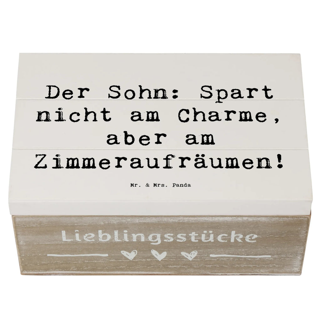 Wooden chest Saying Der Sohn: Spart nicht am Charme, aber am Zimmeraufräumen! Kiste, Erinnerungsbox, Schatzkiste, Geschenkdose, Dekokiste, XXL, Aufbewahrungsbox, Schatulle, Geschenkbox, Holzkiste, Erinnerungskiste, Truhe, Familie, Vatertag, Muttertag, Bruder, Schwester, Mama, Papa, Oma, Opa