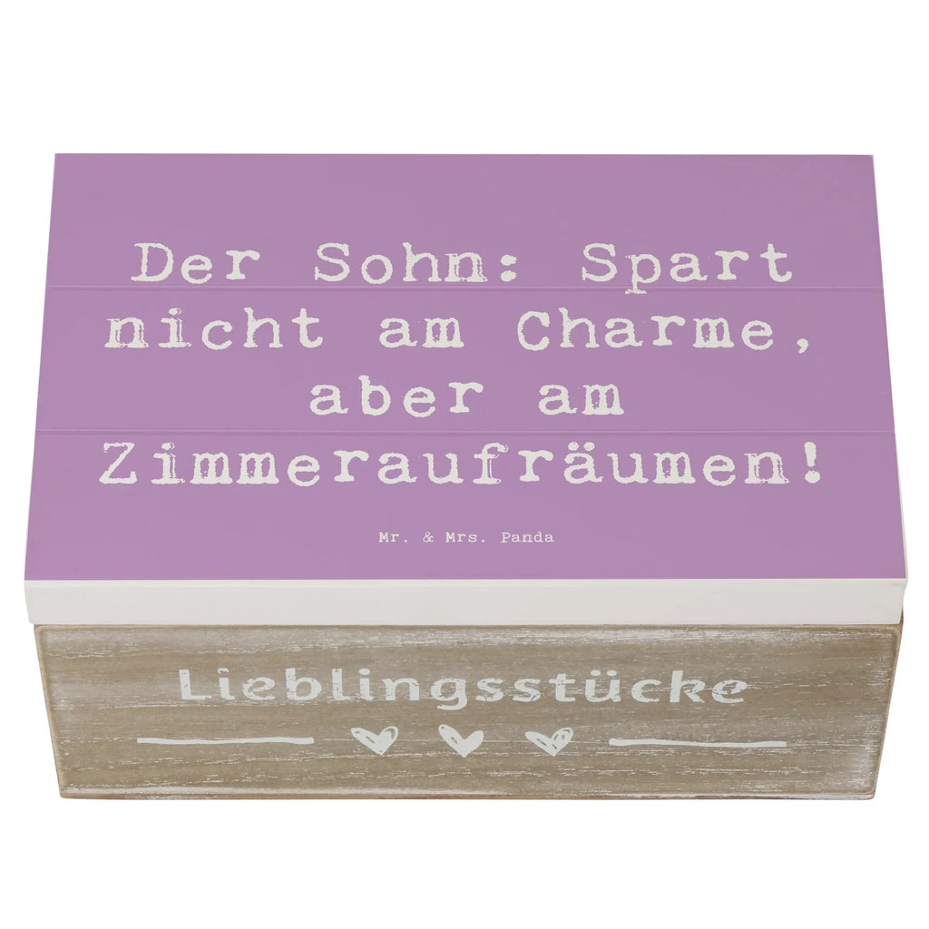 Wooden chest Saying Der Sohn: Spart nicht am Charme, aber am Zimmeraufräumen! Kiste, Erinnerungsbox, Schatzkiste, Geschenkdose, Dekokiste, XXL, Aufbewahrungsbox, Schatulle, Geschenkbox, Holzkiste, Erinnerungskiste, Truhe, Familie, Vatertag, Muttertag, Bruder, Schwester, Mama, Papa, Oma, Opa