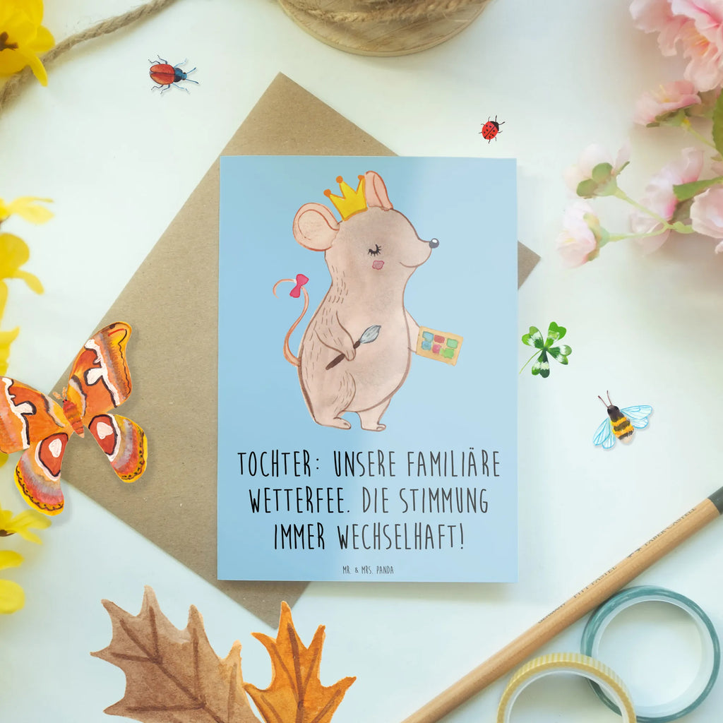 Greetings card Tochter: Unsere familiäre Wetterfee. Die Stimmung immer wechselhaft! Glückwunschkarte, Hochzeitskarte, Karte, Klappkarte, Grußkarte, Einladungskarte, Geburtstagskarte, Ansichtskarten, Familie, Vatertag, Muttertag, Bruder, Schwester, Mama, Papa, Oma, Opa