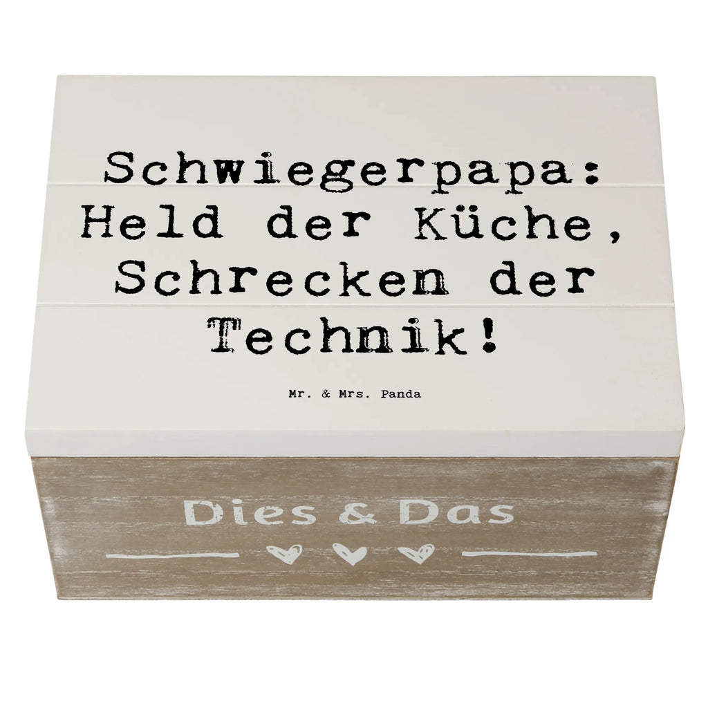 Wooden chest Saying Schwiegerpapa: Held der Küche, Schrecken der Technik! Holzkiste, Schatzkiste, Geschenkdose, Erinnerungsbox, Dekokiste, XXL, Erinnerungskiste, Kiste, Geschenkbox, Aufbewahrungsbox, Schatulle, Truhe, Familie, Vatertag, Muttertag, Bruder, Schwester, Mama, Papa, Oma, Opa
