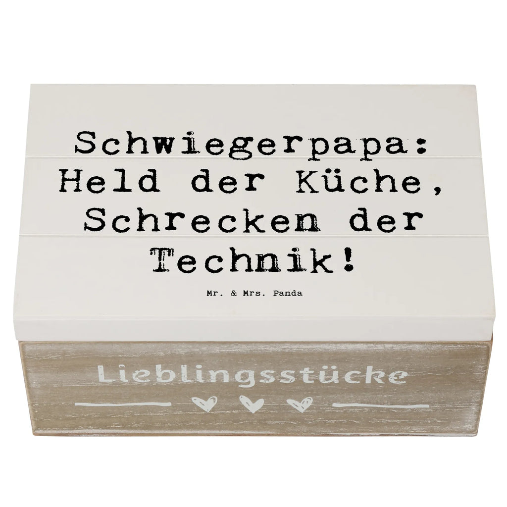 Wooden chest Saying Schwiegerpapa: Held der Küche, Schrecken der Technik! Holzkiste, Schatzkiste, Geschenkdose, Erinnerungsbox, Dekokiste, XXL, Erinnerungskiste, Kiste, Geschenkbox, Aufbewahrungsbox, Schatulle, Truhe, Familie, Vatertag, Muttertag, Bruder, Schwester, Mama, Papa, Oma, Opa