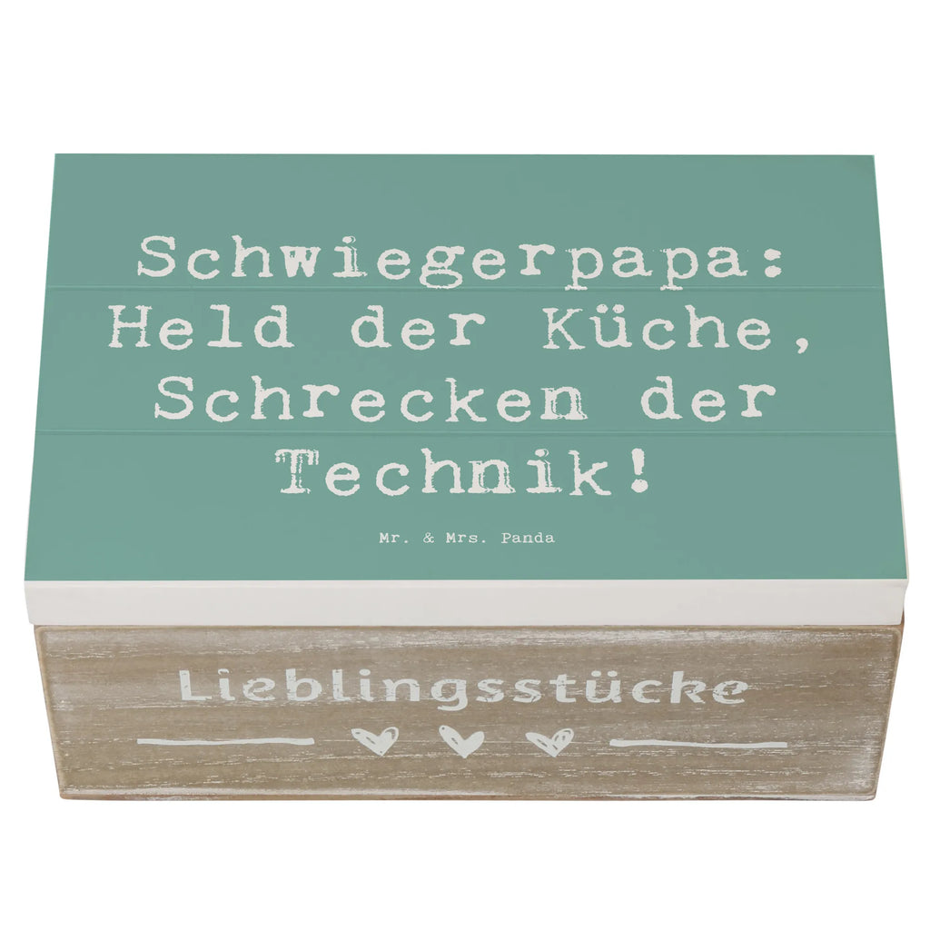 Wooden chest Saying Schwiegerpapa: Held der Küche, Schrecken der Technik! Holzkiste, Schatzkiste, Geschenkdose, Erinnerungsbox, Dekokiste, XXL, Erinnerungskiste, Kiste, Geschenkbox, Aufbewahrungsbox, Schatulle, Truhe, Familie, Vatertag, Muttertag, Bruder, Schwester, Mama, Papa, Oma, Opa