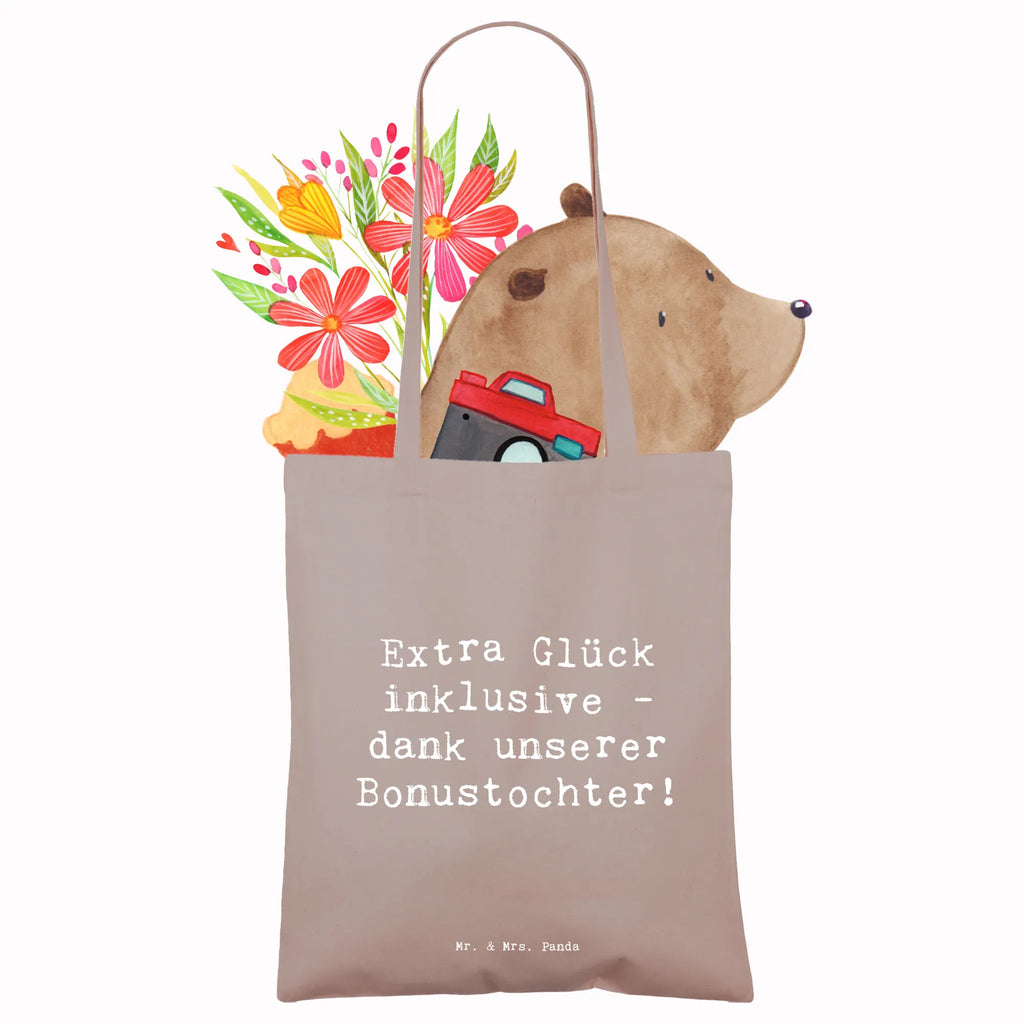 Tote bag Saying Extra Glück inklusive - dank unserer Bonustochter! Beuteltasche, Beutel, Einkaufstasche, Jutebeutel, Stoffbeutel, Tasche, Shopper, Umhängetasche, Strandtasche, Schultertasche, Stofftasche, Tragetasche, Badetasche, Jutetasche, Einkaufstüte, Laptoptasche, Familie, Vatertag, Muttertag, Bruder, Schwester, Mama, Papa, Oma, Opa