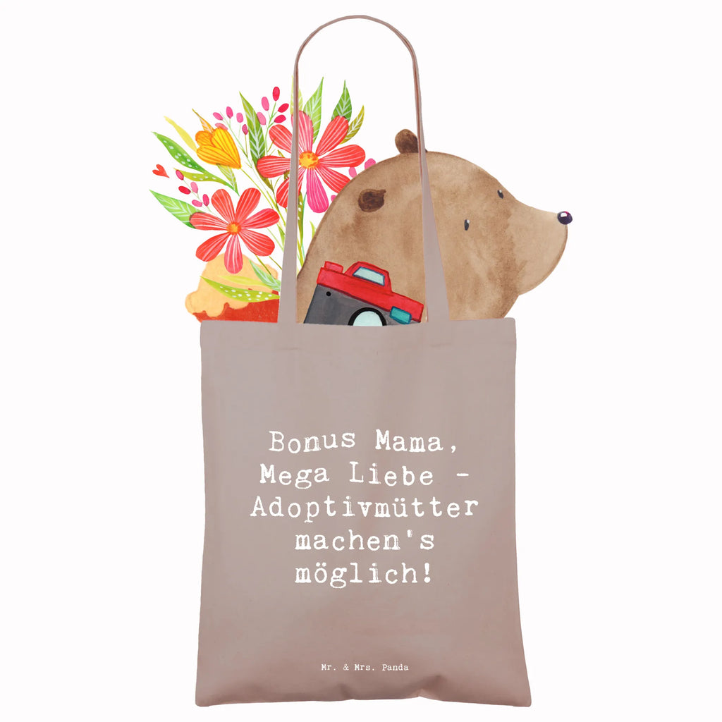 Tote bag Saying Bonus Mama, Mega Liebe - Adoptivmütter machen’s möglich! Beuteltasche, Beutel, Einkaufstasche, Jutebeutel, Stoffbeutel, Tasche, Shopper, Umhängetasche, Strandtasche, Schultertasche, Stofftasche, Tragetasche, Badetasche, Jutetasche, Einkaufstüte, Laptoptasche, Familie, Vatertag, Muttertag, Bruder, Schwester, Mama, Papa, Oma, Opa