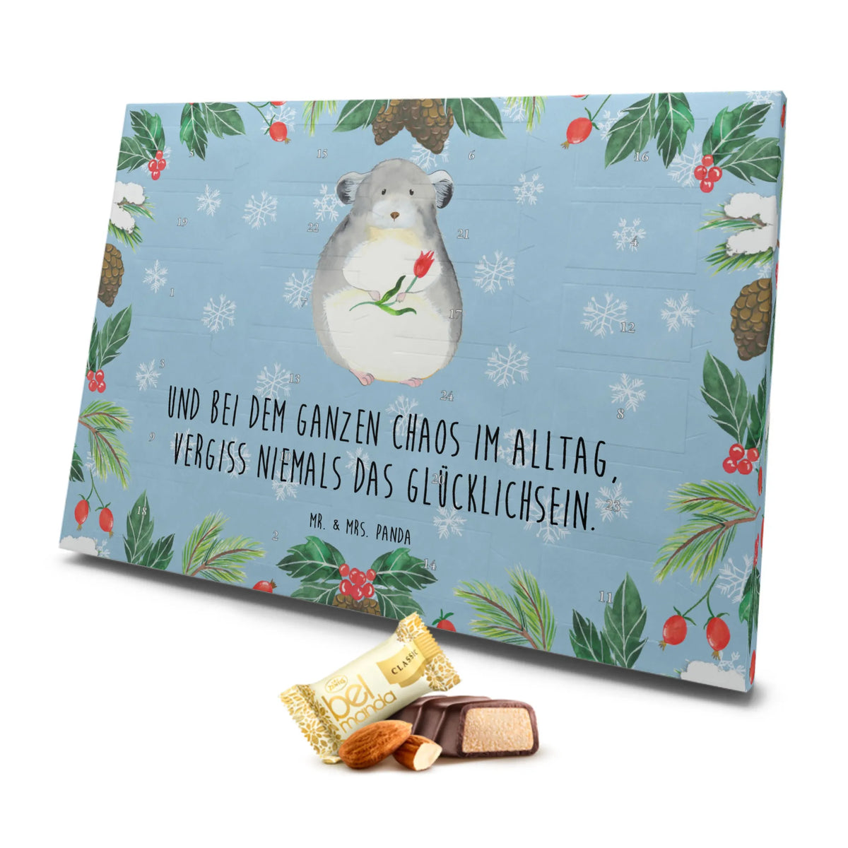 Marzipan Adventskalender Chinchilla Blume Marzipan Adventskalender, Tiermotive, Gute Laune, lustige Sprüche, Tiere, Glücklichsein, Chinchillas, Chinchilla, Chaos, Kummer, traurig sein, Depressionen, Büro, Liebeskummer, Büroalltag