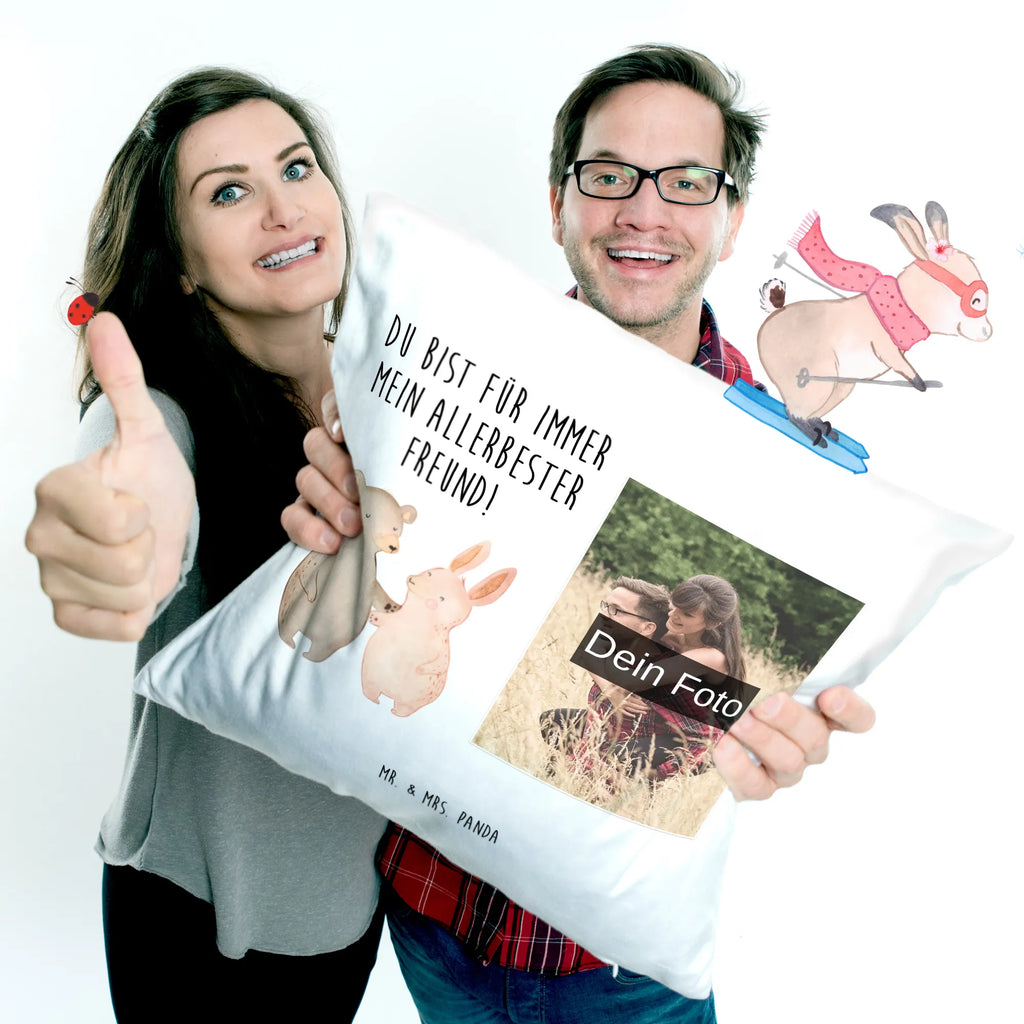Personalized Photo Pillow bear and rabbit Embrace Personalisiertes Foto Kissen, Liebe, Partner, Freund, Freundin, Ehemann, Ehefrau, Heiraten, Verlobung, Heiratsantrag, Liebesgeschenk, Jahrestag, Hocheitstag, Bär, bester Freund, Hase, Bärchen, best friends, Freunde
