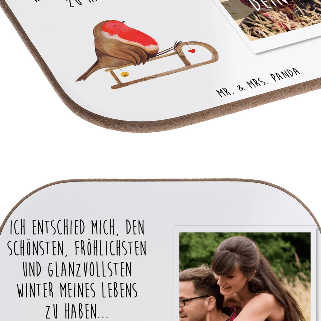 Personalisierter Foto Untersetzer Rotkehlchen Schlitten Personalisierter Foto Untersetzer, Winter, Weihnachten, Weihnachtsdeko, Nikolaus, Advent, Heiligabend, Wintermotiv, Schlitten, Vogel