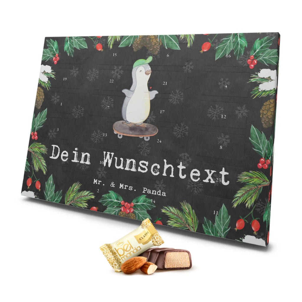 Personalisierter Marzipan Adventskalender Pinguin Skateboarden Personalisierter Marzipan Adventskalender, Geschenk, Sport, Sportart, Hobby, Schenken, Danke, Dankeschön, Auszeichnung, Gewinn, Sportler, Skateboard, Skateboarden, Skaten, Skateboard fahren, Skateplatz