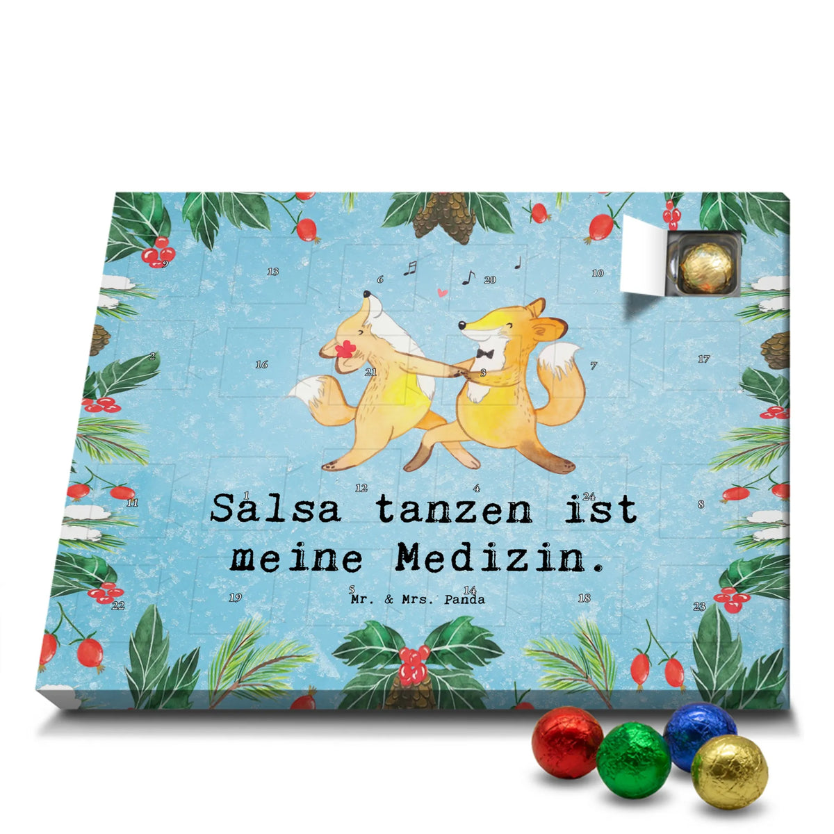 Chocolate advent calendar foxes dancing salsa giving, Gift, thank you, award, profit, athlete, dancing salsa, dance class, dance school, dancing