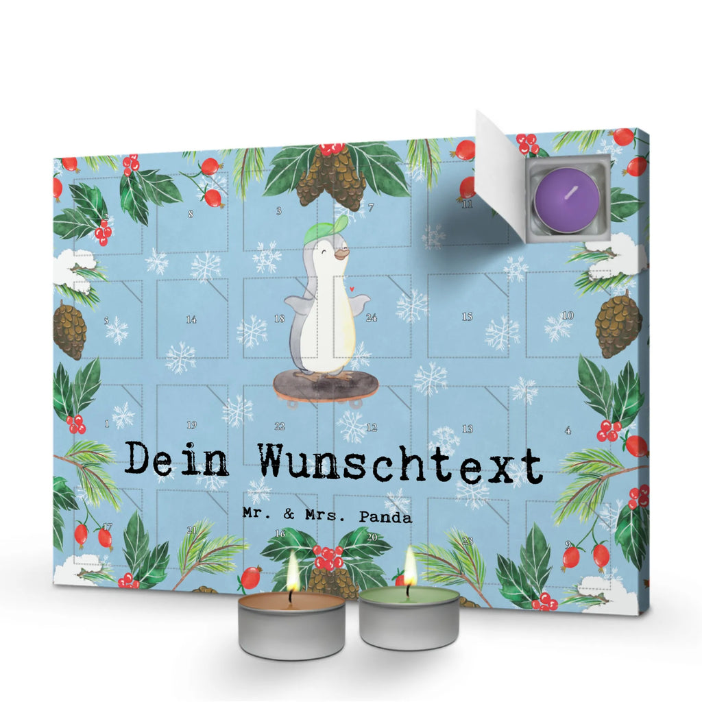 Personalisierter Duftkerzen Adventskalender Pinguin Skateboarden Personalisierter Duftkerzen Adventskalender, Geschenk, Schenken, Sport, Sportart, Hobby, Danke, Dankeschön, Auszeichnung, Gewinn, Sportler, Skateplatz, Skateboard fahren, Skateboard, Skaten, Skateboarden