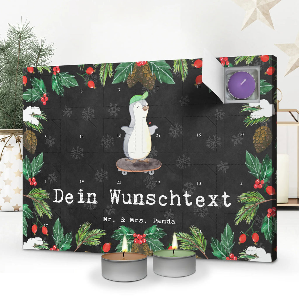 Personalisierter Duftkerzen Adventskalender Pinguin Skateboarden Personalisierter Duftkerzen Adventskalender, Geschenk, Schenken, Sport, Sportart, Hobby, Danke, Dankeschön, Auszeichnung, Gewinn, Sportler, Skateplatz, Skateboard fahren, Skateboard, Skaten, Skateboarden