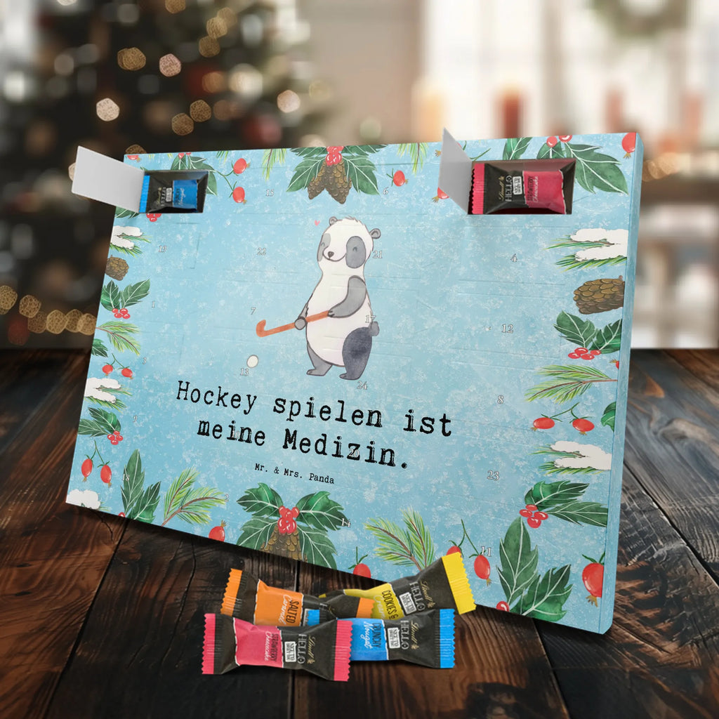 Chocolate advent calendar panda play hockey giving, Gift, thank you, award, profit, athlete, field hockey, Play hockey, hockey club, hockey stick