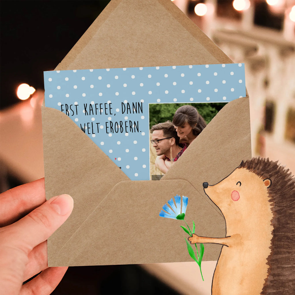 Personalisierte Foto Deluxe Karte Bär Kaffee Personalisierte Foto Grußkarte, Bär, Teddy, Teddybär, Bären, guten Morgen, Morgenroutine, Kaffee, Coffee, Welt retten, Motivation, Welt erobern