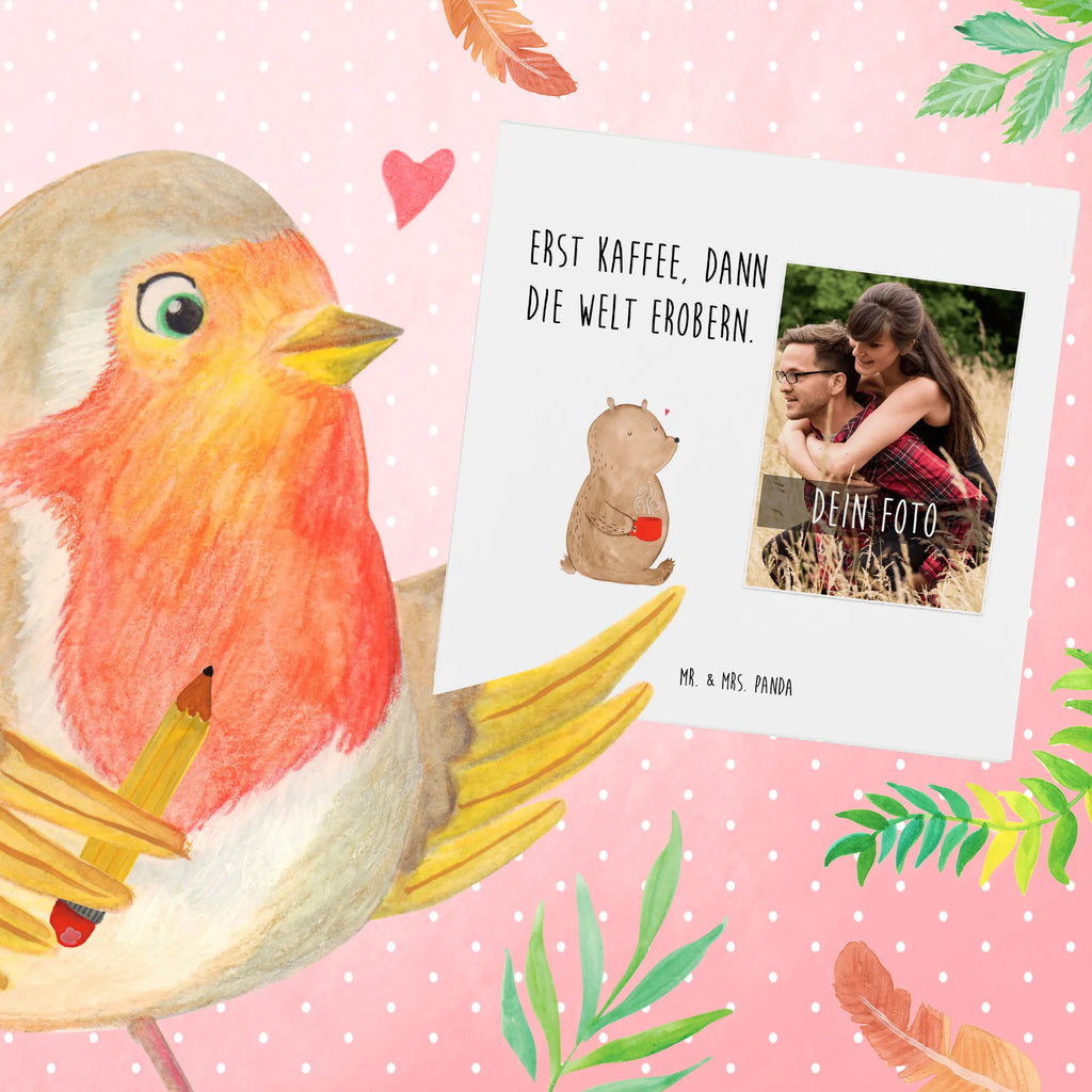 Personalisierte Foto Deluxe Karte Bär Kaffee Personalisierte Foto Grußkarte, Bär, Teddy, Teddybär, Bären, guten Morgen, Morgenroutine, Kaffee, Coffee, Welt retten, Motivation, Welt erobern