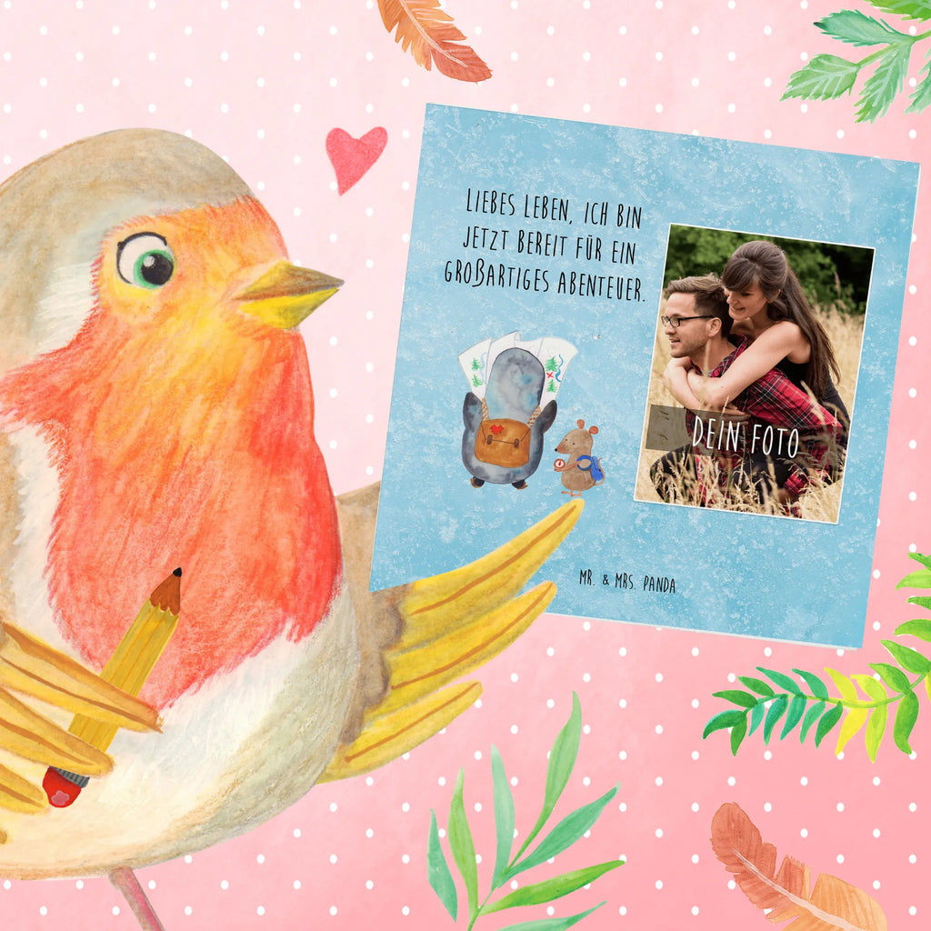 Personalized Photo Deluxe Card Penguin & Mouse Hiker Personalisierte Foto Grußkarte, Pinguin, Pinguine, Abenteurer, Abenteuer, Roadtrip, Ausflug, Wanderlust, wandern