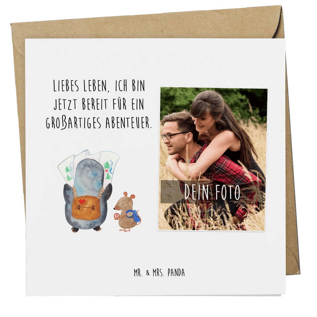 Personalized Photo Deluxe Card Penguin & Mouse Hiker Personalisierte Foto Grußkarte, Pinguin, Pinguine, Abenteurer, Abenteuer, Roadtrip, Ausflug, Wanderlust, wandern