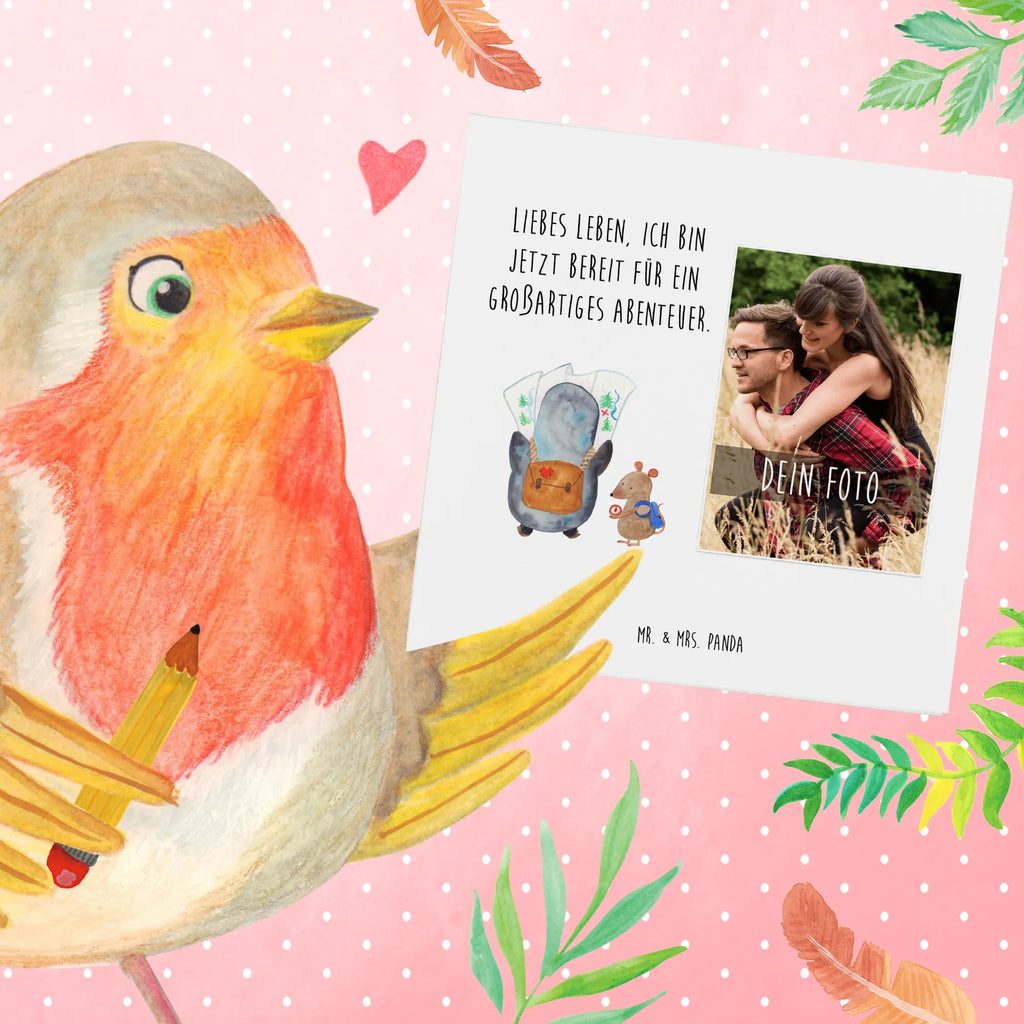 Personalized Photo Deluxe Card Penguin & Mouse Hiker Personalisierte Foto Grußkarte, Pinguin, Pinguine, Abenteurer, Abenteuer, Roadtrip, Ausflug, Wanderlust, wandern