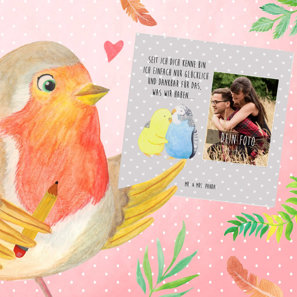 Personalized Photo Deluxe Card Parakeets in love Personalisierte Foto Grußkarte, Liebe, Partner, Freund, Freundin, Ehemann, Ehefrau, Heiraten, Verlobung, Heiratsantrag, Liebesgeschenk, Jahrestag, Hocheitstag, Vögel, Vertrauen, Wellensittich, Kuscheln, Nähe