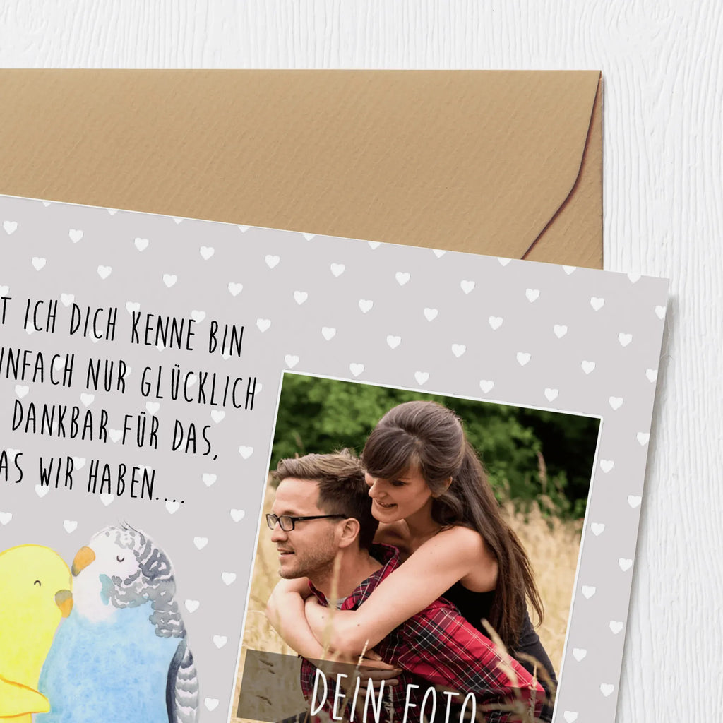 Personalized Photo Deluxe Card Parakeets in love Personalisierte Foto Grußkarte, Liebe, Partner, Freund, Freundin, Ehemann, Ehefrau, Heiraten, Verlobung, Heiratsantrag, Liebesgeschenk, Jahrestag, Hocheitstag, Vögel, Vertrauen, Wellensittich, Kuscheln, Nähe
