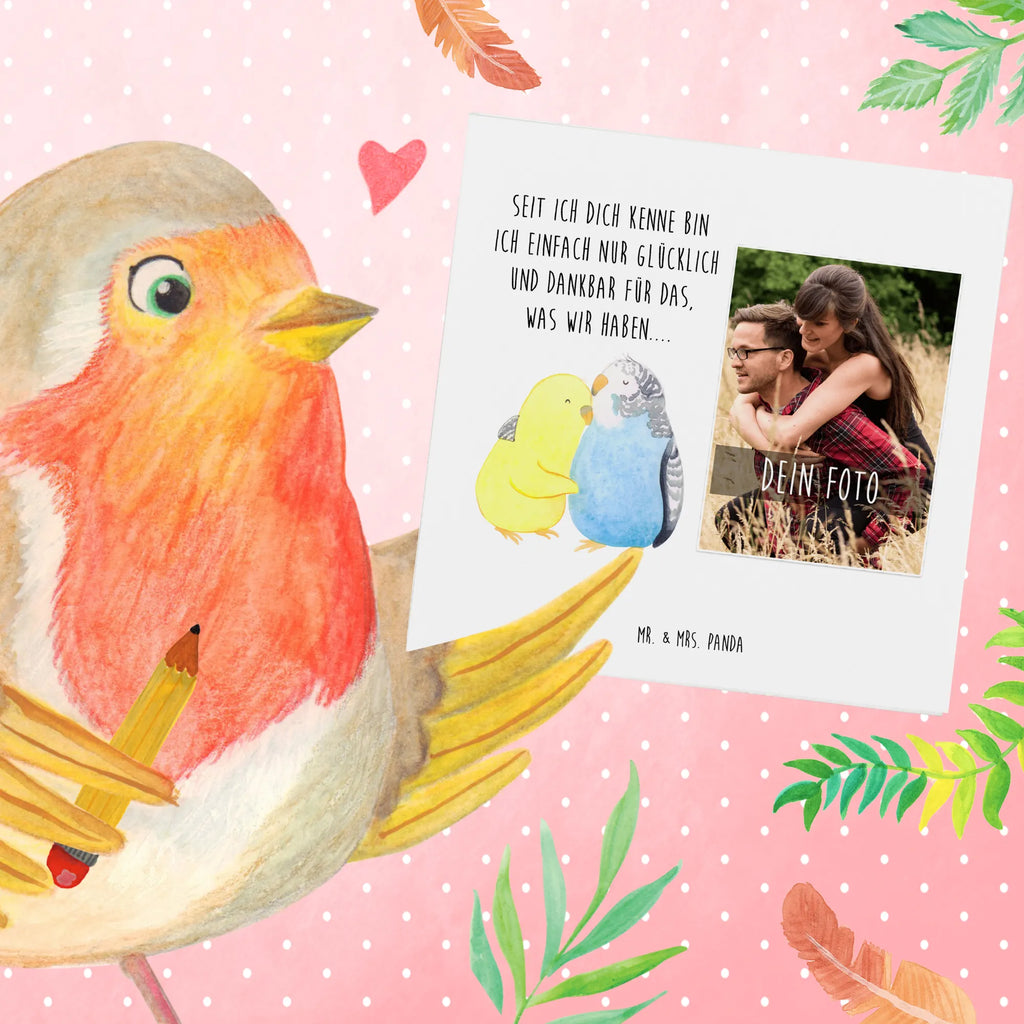 Personalized Photo Deluxe Card Parakeets in love Personalisierte Foto Grußkarte, Liebe, Partner, Freund, Freundin, Ehemann, Ehefrau, Heiraten, Verlobung, Heiratsantrag, Liebesgeschenk, Jahrestag, Hocheitstag, Vögel, Vertrauen, Wellensittich, Kuscheln, Nähe