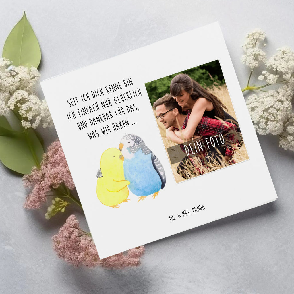Personalized Photo Deluxe Card Parakeets in love Personalisierte Foto Grußkarte, Liebe, Partner, Freund, Freundin, Ehemann, Ehefrau, Heiraten, Verlobung, Heiratsantrag, Liebesgeschenk, Jahrestag, Hocheitstag, Vögel, Vertrauen, Wellensittich, Kuscheln, Nähe