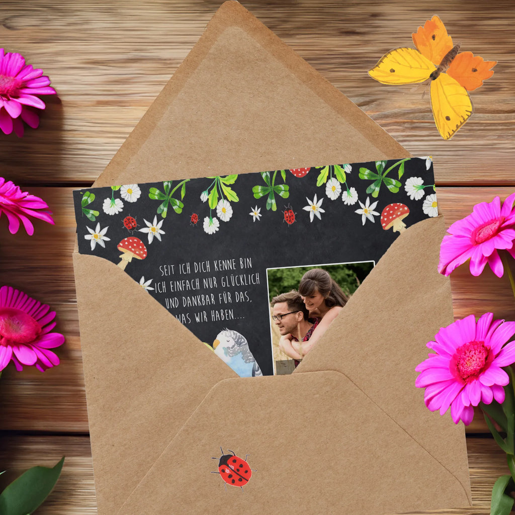 Personalized Photo Deluxe Card Parakeets in love Personalisierte Foto Grußkarte, Liebe, Partner, Freund, Freundin, Ehemann, Ehefrau, Heiraten, Verlobung, Heiratsantrag, Liebesgeschenk, Jahrestag, Hocheitstag, Vögel, Vertrauen, Wellensittich, Kuscheln, Nähe