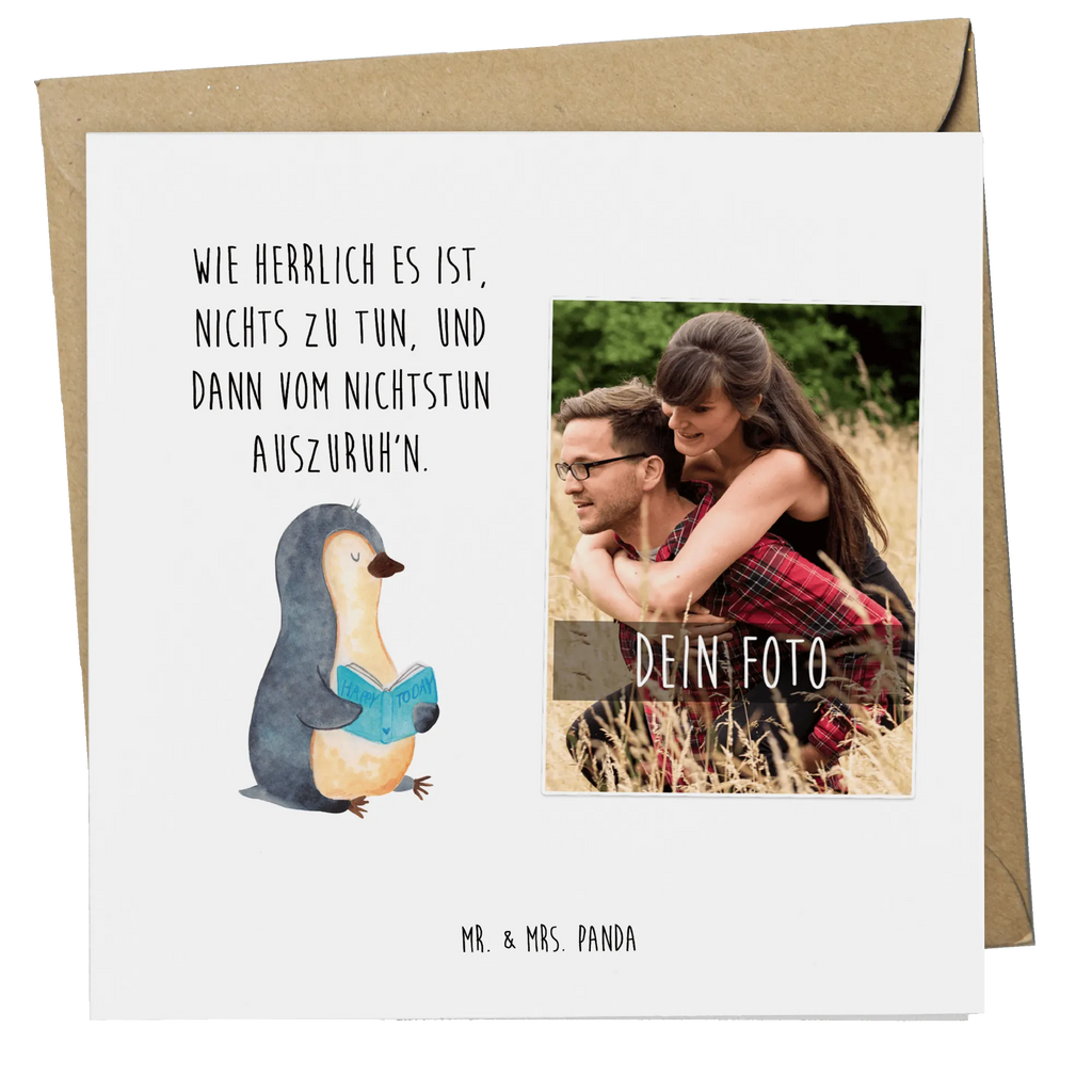 Personalisierte Foto Deluxe Karte Pinguin Buch Personalisierte Foto Grußkarte, Pinguin, Pinguine, Buch, Lesen, Bücherwurm, Nichtstun, Faulenzen, Ferien, Urlaub, Freizeit