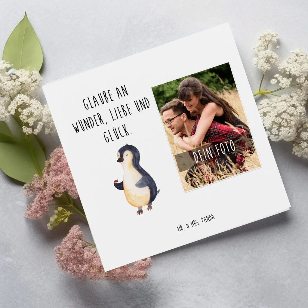 Personalisierte Foto Deluxe Karte Pinguin Marienkäfer Personalisierte Foto Grußkarte, Pinguin, Pinguine, Marienkäfer, Liebe, Wunder, Glück, Freude, Lebensfreude