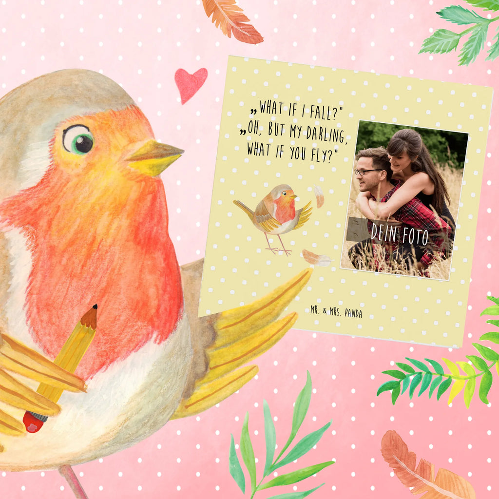 Personalized Photo Deluxe Card robin feathers Personalisierte Foto Grußkarte, Tiermotive, Gute Laune, lustige Sprüche, Tiere, What if i fall, Rotkehlchen, Spruch Motivation, Spruch Mut, Vogel, Motivation Sprüche, Motivationsbilder, fliegen