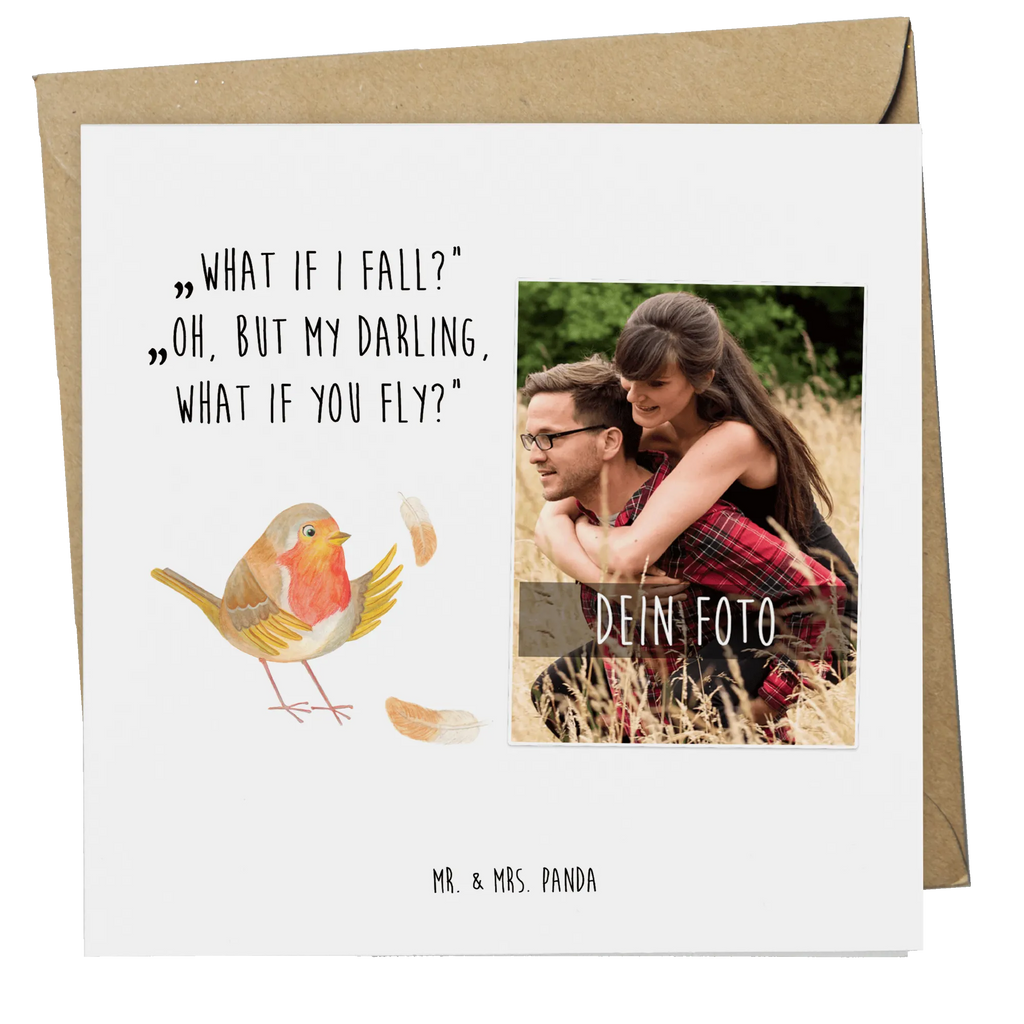 Personalized Photo Deluxe Card robin feathers Personalisierte Foto Grußkarte, Tiermotive, Gute Laune, lustige Sprüche, Tiere, What if i fall, Rotkehlchen, Spruch Motivation, Spruch Mut, Vogel, Motivation Sprüche, Motivationsbilder, fliegen