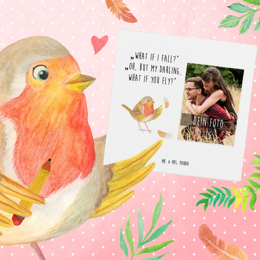 Personalized Photo Deluxe Card robin feathers Personalisierte Foto Grußkarte, Tiermotive, Gute Laune, lustige Sprüche, Tiere, What if i fall, Rotkehlchen, Spruch Motivation, Spruch Mut, Vogel, Motivation Sprüche, Motivationsbilder, fliegen
