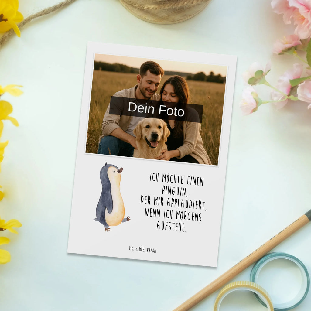 Personalisierte Foto Postkarte Pinguin marschieren Personalisierte Foto Postkarte, Pinguin, Pinguine, Frühaufsteher, Langschläfer, Bruder, Schwester, Familie