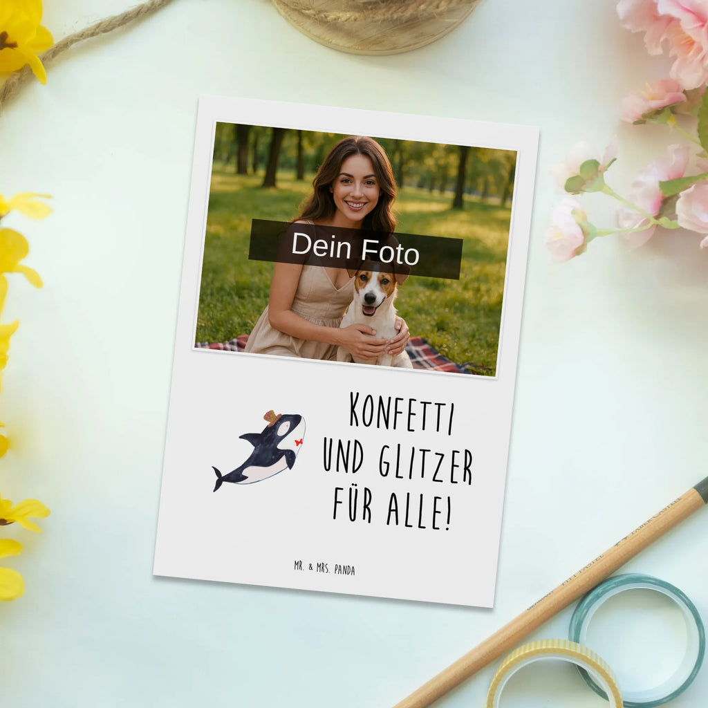 Personalisierte Foto Postkarte Orca Zylinder Personalisierte Foto Postkarte, Meerestiere, Meer, Urlaub, Fete, Orca, Geburtstag, Glückwunsch, Glitter, Feier, Narwal, Fest, Konfetti, Glitzer