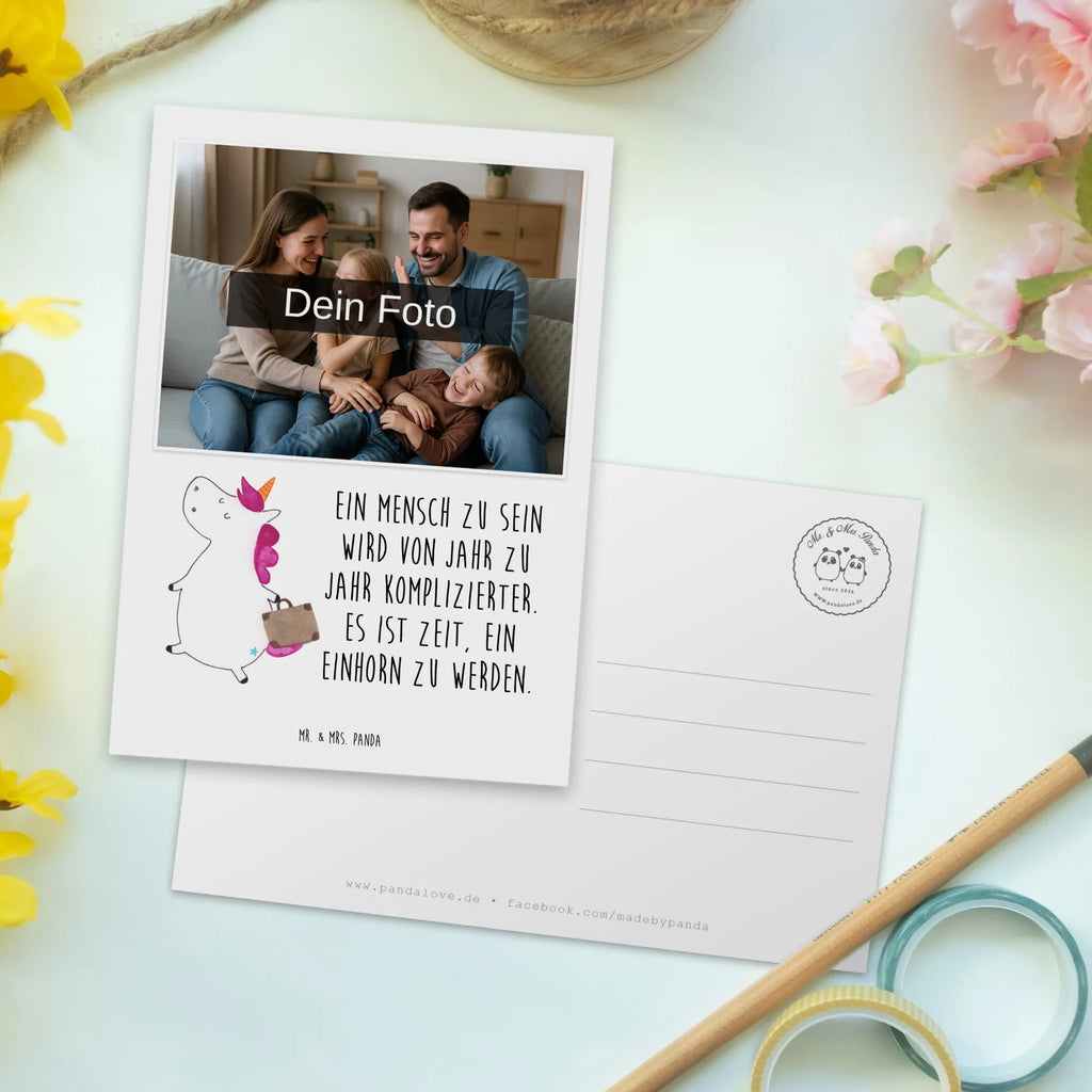 Personalisierte Foto Postkarte Einhorn Koffer Personalisierte Foto Postkarte, Einhorn, Einhörner, Einhorn Deko, Unicorn, albern, Erwachsen, Abenteuer, Kind, witzig, Koffer, Verreisen, Gepäck, Spaß, Reise, lustig, unicorn