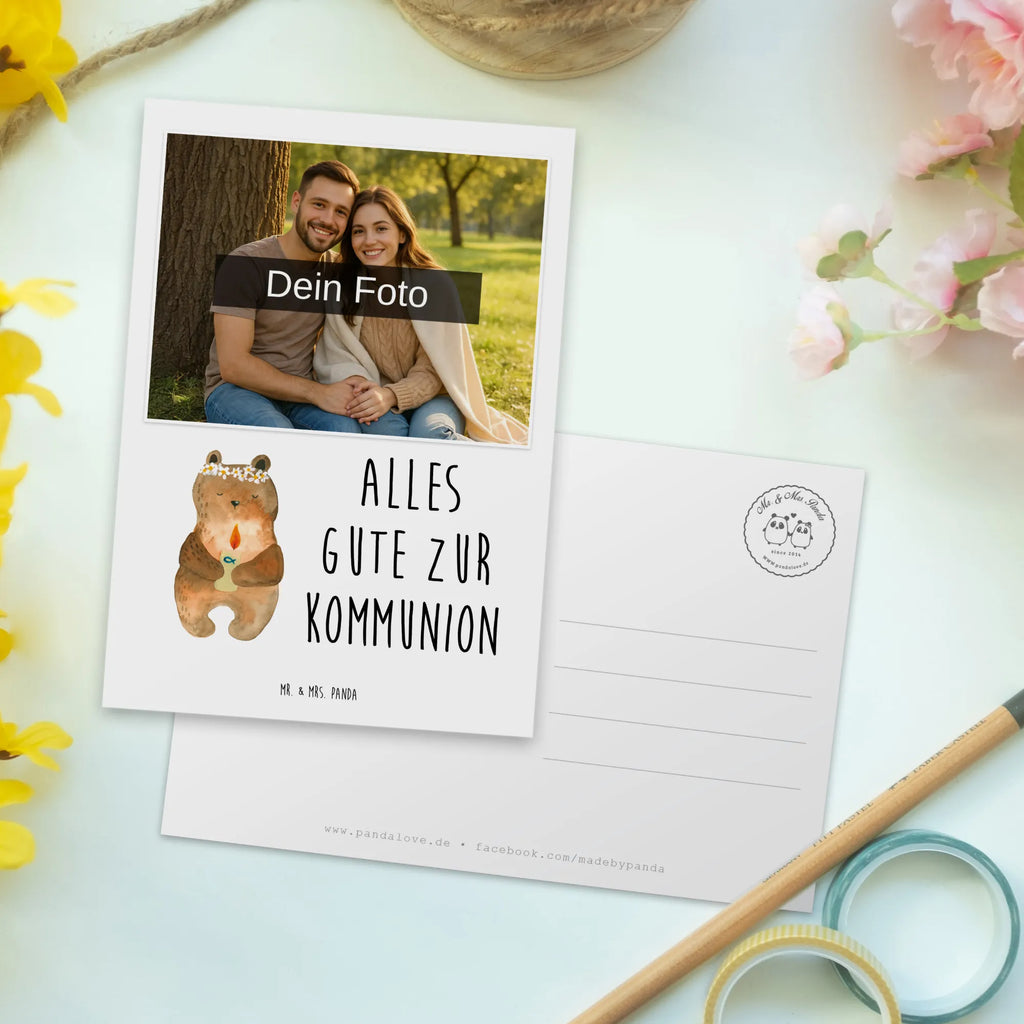 Personalisierte Foto Postkarte Bär Kommunion Personalisierte Foto Postkarte, Bär, Teddy, Teddybär, Kommunion, Gottes Segen, Taufkerze, katholisch