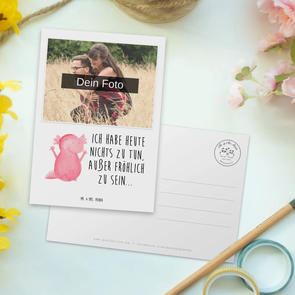 Personalisierte Foto Postkarte Axolotl Hurra Personalisierte Foto Postkarte, Axolotl, Molch, Motivation, Schwanzlurch, fröhlich, Lurche, Axolot, Freude, Zufriedenheit, Spaß, Lurch